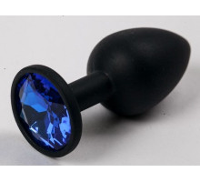 Черная силиконовая анальная пробка с синим стразом - 7,1 см. (синий с черным)
