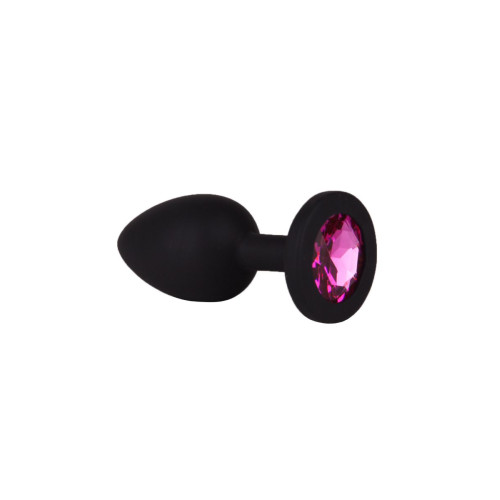 Чёрная анальная втулка с малиновым кристаллом - 7,3 см. (малиновый)