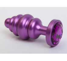 Фиолетовая ребристая анальная пробка с фиолетовым кристаллом - 7,3 см. (фиолетовый)