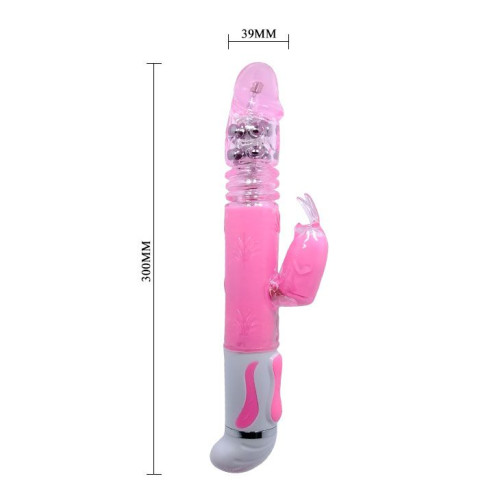 Розовый вибратор-ротатор со стимулятором клитора и возвратно-поступательными движениями - 30 см. (розовый)