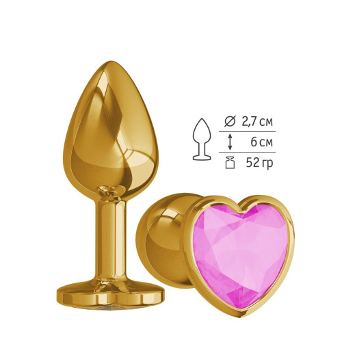 Золотистая анальная втулка с розовым кристаллом-сердцем - 7 см. (розовый)