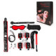 Стильный черно-красный набор БДСМ: маска, кляп, зажимы, плётка, ошейник, наручники, оковы, верёвка (черный с красным)