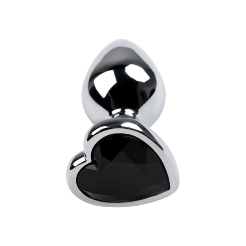 Серебристая коническая анальная пробка с черным кристаллом-сердечком - 7 см. (черный)