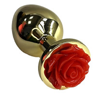 Золотистая анальная пробка с ограничителем в форме красной розы - 9 см. (золотистый)