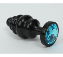 Черная фигурная анальная пробка с голубым кристаллом - 8,2 см. (голубой)