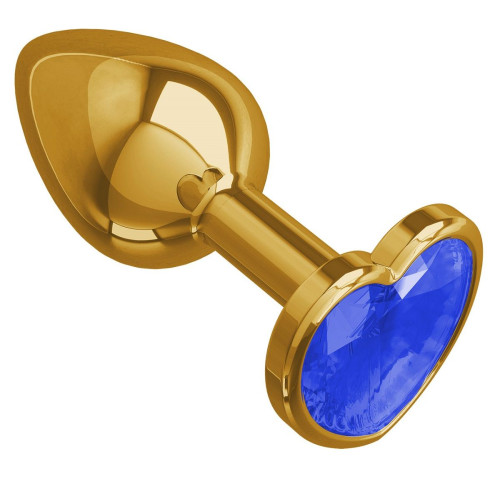 Золотистая анальная втулка с синим кристаллом-сердцем - 7 см. (синий)