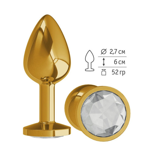 Золотистая анальная втулка с прозрачным кристаллом - 7 см. (прозрачный)