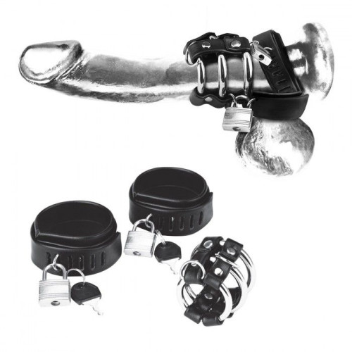 Комплект для мошонки и члена с 2 кольцами с замочками (черный с серебристым)