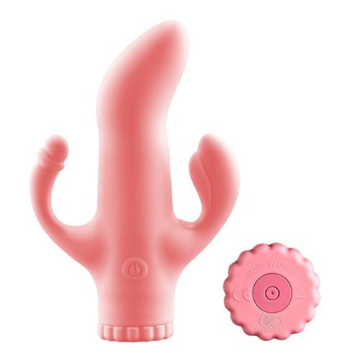 Розовый вибратор с клиторальным и анальным отростками - 15,2 см. (розовый)