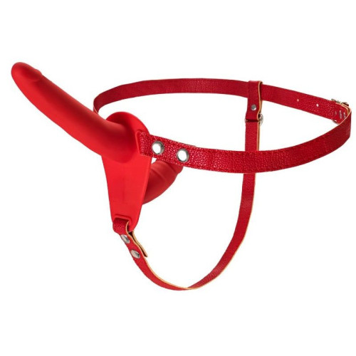 Красный страпон на ремнях с вагинальной пробкой - 15 см. (красный)