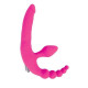 Розовый безремневой страпон с анальным отростком и вибрацией - 15 см. (розовый)