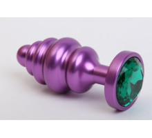 Фиолетовая ребристая анальная пробка с зеленым кристаллом - 7,3 см. (зеленый)