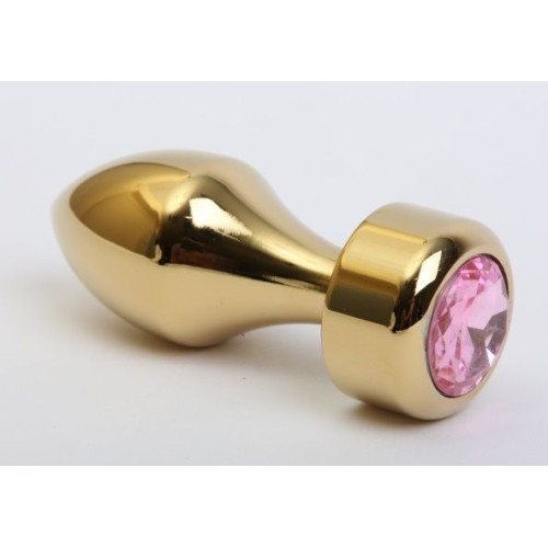 Золотистая анальная пробка с широким основанием и розовым кристаллом - 7,8 см. (розовый)