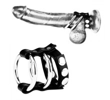 Двойное металлическое кольцо на пенис с регулируемым ремешком (черный с серебристым)