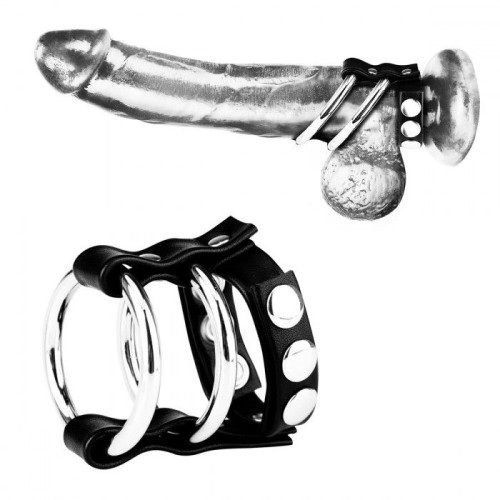 Двойное металлическое кольцо на пенис с регулируемым ремешком (черный с серебристым)