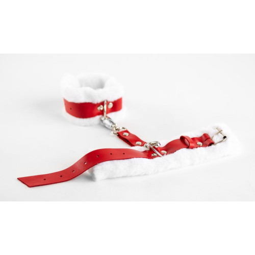 Бело-красные кожаные наручники с нежным мехом (белый с красным)