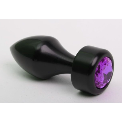 Чёрная анальная пробка с широким основанием и фиолетовым кристаллом - 7,8 см. (фиолетовый)