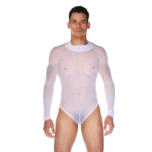 Белое полупрозрачное мужское боди с длинным рукавом (белый|L-XL)