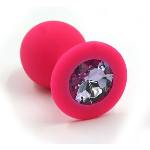 Розовая силиконовая анальная пробка с светло-фиолетовым кристаллом - 7 см. (фиолетовый)