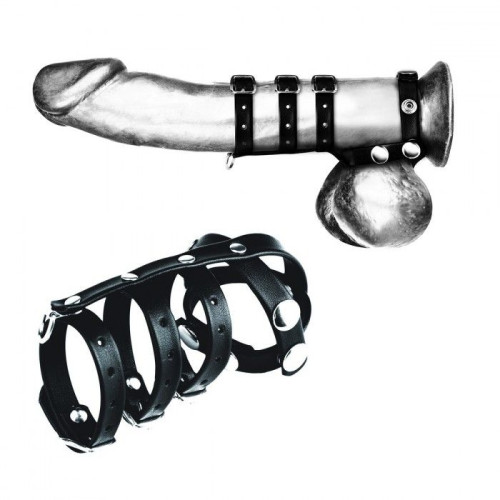 Комбинированный ремень на пенис с 3 кольцами и разделителем мошонки (черный)