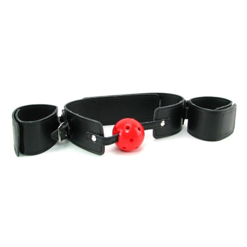 Кляп-наручники с красным шариком Breathable Ball Gag Restraint (черный с красным)