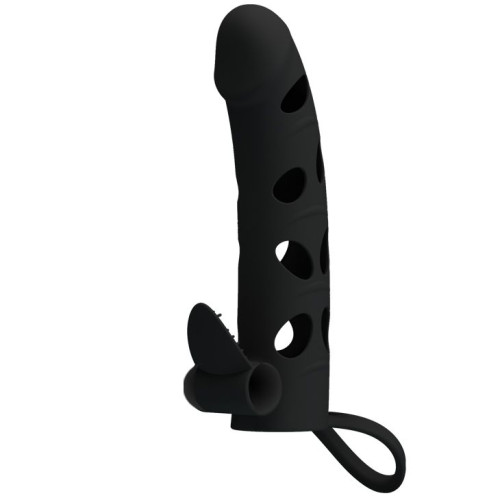 Чёрная закрытая насадка на пенис с вибрацией - 15,2 см. (черный)