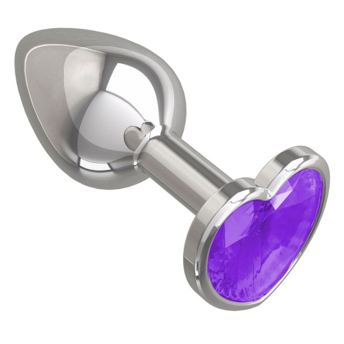 Серебристая анальная втулка с фиолетовым кристаллом-сердцем - 7 см. (фиолетовый)