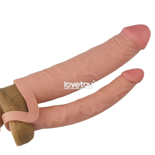 Телесная насадка для двойного проникновения Add 2 Pleasure X Tender Double Penis Sleeve - 20 см. (телесный)