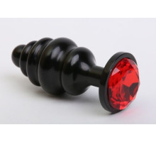 Чёрная ребристая анальная пробка с красным кристаллом - 7,3 см. (красный)