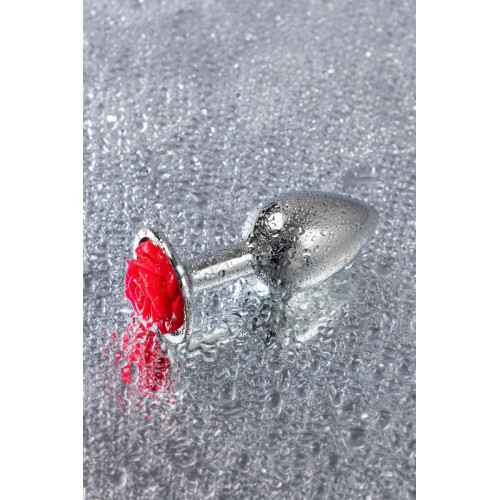 Серебристая анальная втулка с красной розочкой - 8 см. (красный)