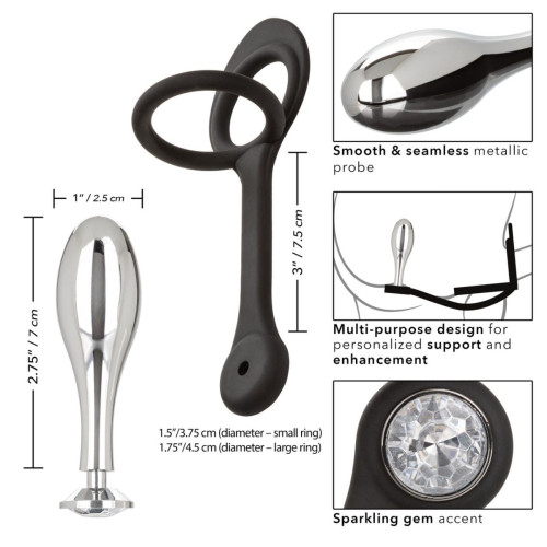 Серебристая анальная пробка Teardrop Plug с силиконовыми кольцами для пениса и мошонки (черный с серебристым)