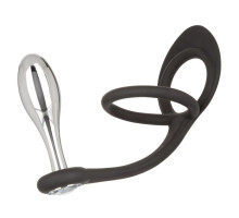 Серебристая анальная пробка Teardrop Plug с силиконовыми кольцами для пениса и мошонки (черный с серебристым)