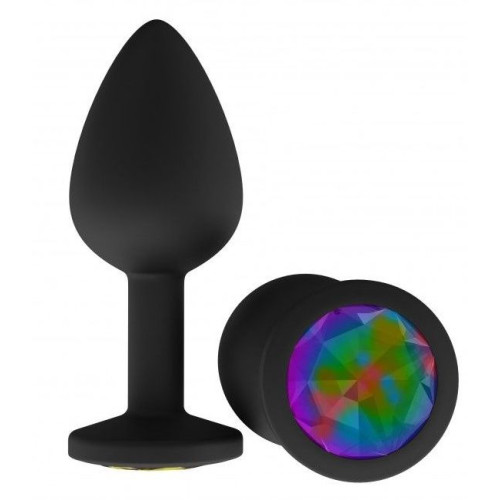 Чёрная анальная втулка с разноцветным кристаллом - 7,3 см. (разноцветный)