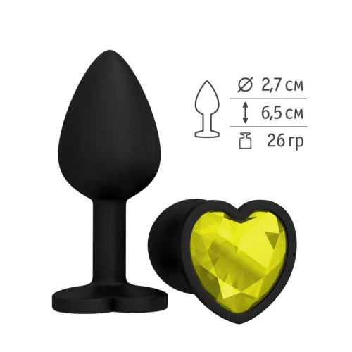 Черная силиконовая пробка с желтым кристаллом-сердцем - 8,5 см. (желтый)